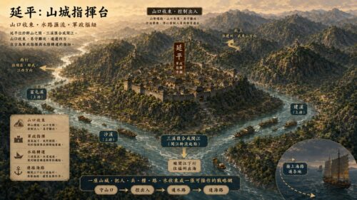 延平條陳之所以出現在延平，與其山城地形、關口控制與水陸轉運條件密切相關。延平作為臨時軍政樞紐，不只是防守據點，更能集中兵力與調度出入口，使戰略從紙上變成可操作方案。延平條陳中的「據險控扼」與「航船合攻」，正對應關口管理與水路補給機制，讓山城與海路形成連動，支撐整體戰局運作。