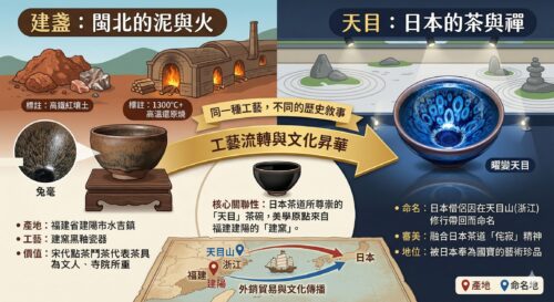 日本茶道中的天目茶碗，其核心源頭可追溯至南宋閩北的建窯黑釉盞。作為天目觀念的初始原型與最高典範，建盞以其獨特的曜變與兔毫紋理定義了黑瓷的美學高度。雖然「天目」後來演變為包含多個窯口的廣大類稱，但建陽建盞在歷史脈絡中始終居於最代表性的源頭地位，是連結閩北工藝與日本茶道文化的關鍵橋樑。