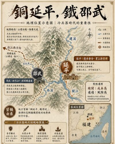 「銅延平，鐵邵武」以銅牆鐵壁的意象，概括延平與邵武地勢險要、山城難攻的地方印象。延平依山臨水，關係閩江上游；邵武位在閩贛通道之間，在冷兵器年代，帶有門戶與城防意味。這句地方習稱把複雜的山水格局壓縮成一句容易記住的閩北記憶。