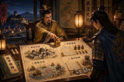 延平條陳不只是鄭成功的戰略進言，也像南明營運困境中的重整計畫。據險控扼是保核心據點，揀將進取是重整團隊，航船合攻是整合行動能力，通洋裕國則是尋找現金流。隆武帝的讚賞不是一句好話，而是把名分、資源與責任交給鄭成功的政治授權。
