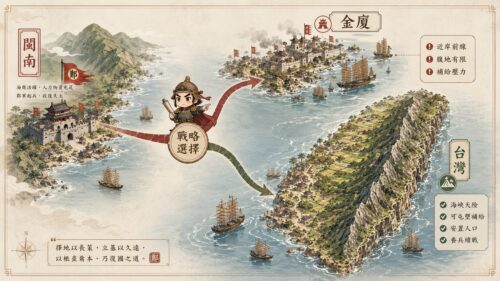 根本之地不是單純退路，而是鄭成功攻取台灣後，把海路、屯墾、補給與軍事續戰接起來的設計。金廈腹地有限，台灣則有港口、田土與跨海屏障；鄭成功入台後推行軍鎮屯墾，讓「通洋裕國」從財源想法轉成可持久的基地。