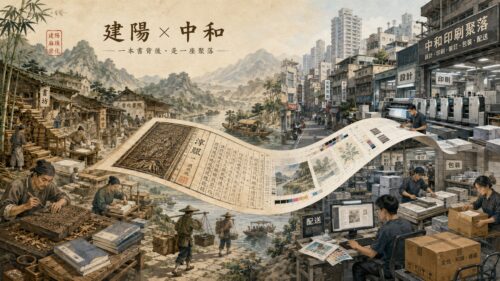 建陽印刷可借新北中和作趣味比較。中和以現代印刷與紙業產業鏈回應都會需求；建陽麻沙、崇化則曾憑藉竹木材料、書院講學、科舉閱讀與販書網絡，形成建本刻印重鎮。兩者時代不同，卻都說明印刷聚落不只是產業集中，也能支撐書籍、設計、出版與地方文化流通。