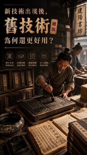 宋代已有活字印刷，但建陽書坊仍長期依靠雕版，並非單純守舊。中文漢字多，活字製作、分類、檢字與排版成本高；而建陽商業出版重視存版、重印與長期販售。對書坊來說，雕版不只是舊技術，更是一套穩定、好管理、能累積商業價值的出版方式。