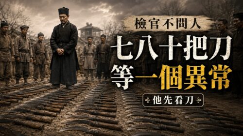 這支短片改寫自《洗冤集錄》相關查案故事。面對一樁命案，檢官沒有急著抓人，而是讓村人拿出家中的刀具，將七八十把刀一字排開。真正關鍵的，不是誰先承認，而是現場慢慢出現的一個異常。從這個故事裡，可以看見古代檢驗、現場觀察與司法判斷之間的關係。