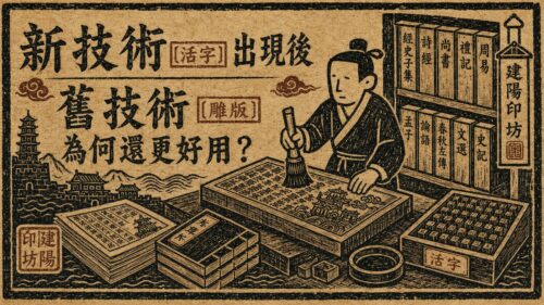 宋代已有活字印刷，但建陽書坊仍長期依靠雕版，並非單純守舊。中文漢字多，活字製作、分類、檢字與排版成本高；而建陽商業出版重視存版、重印與長期販售。對書坊來說，雕版不只是舊技術，更是一套穩定、好管理、能累積商業價值的出版方式。